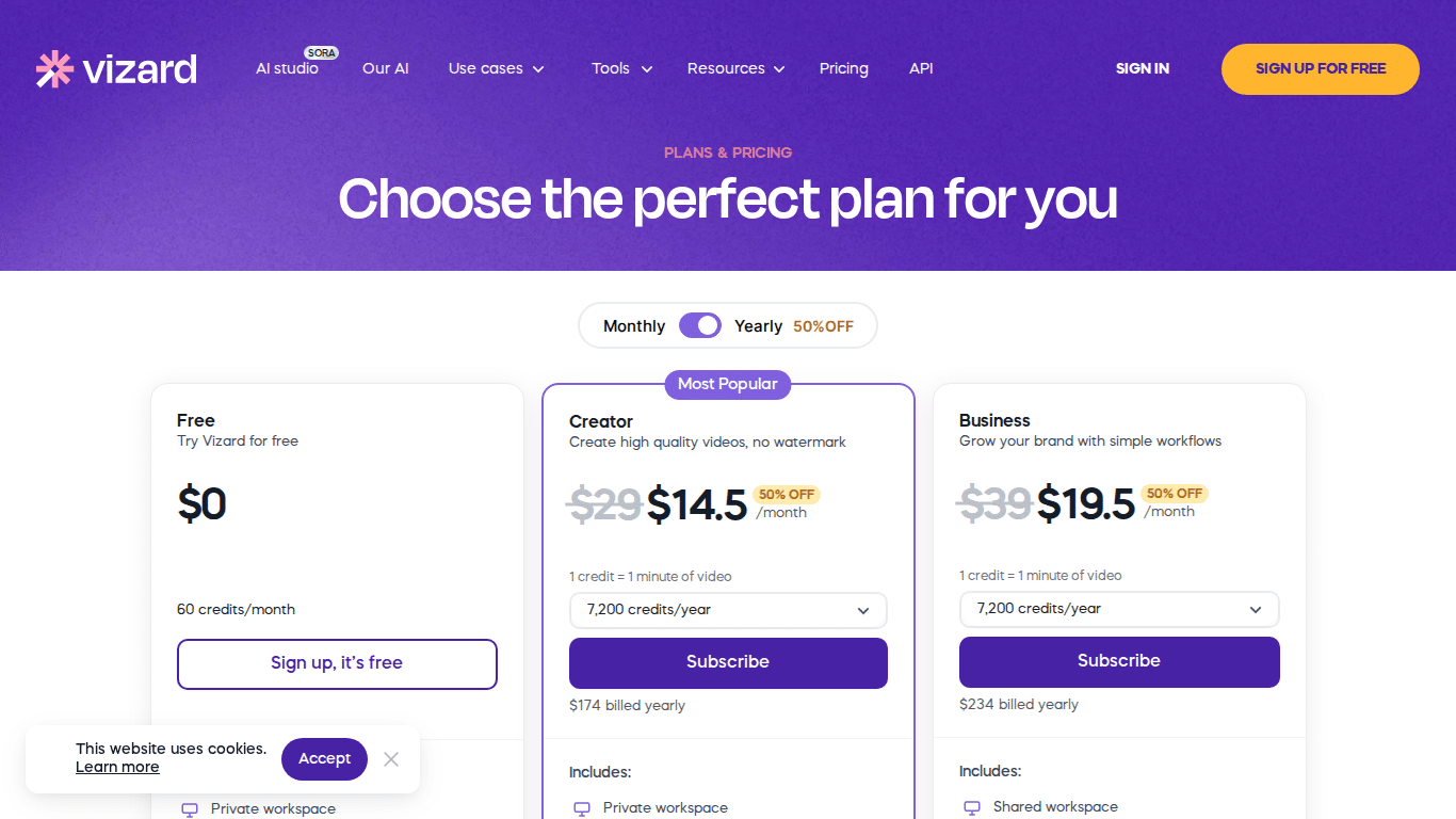 Vizard AI pricing plans March 2026 — Free, Creator $14.50/mo, Business $19.50/mo (annual billing)
