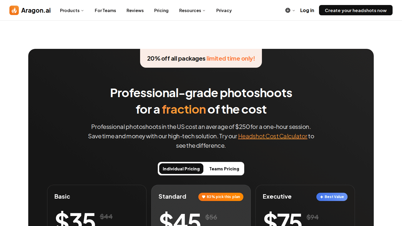 Aragon AI pricing plans 2026 — headshot packages and subscription tiers