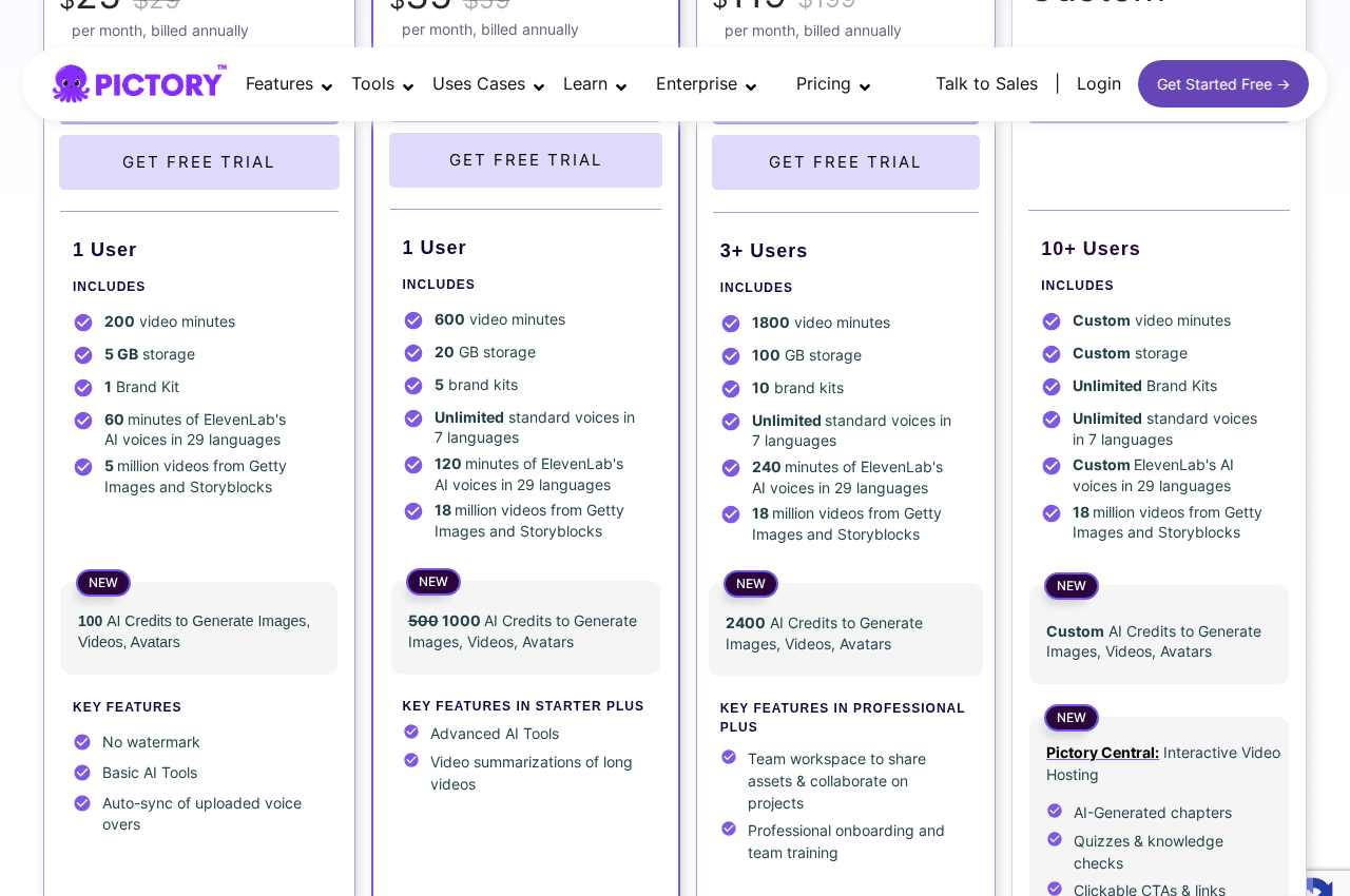 Pictory AI pricing plans 2026 showing three tiers: Starter, Starter Plus, and Professional Plus