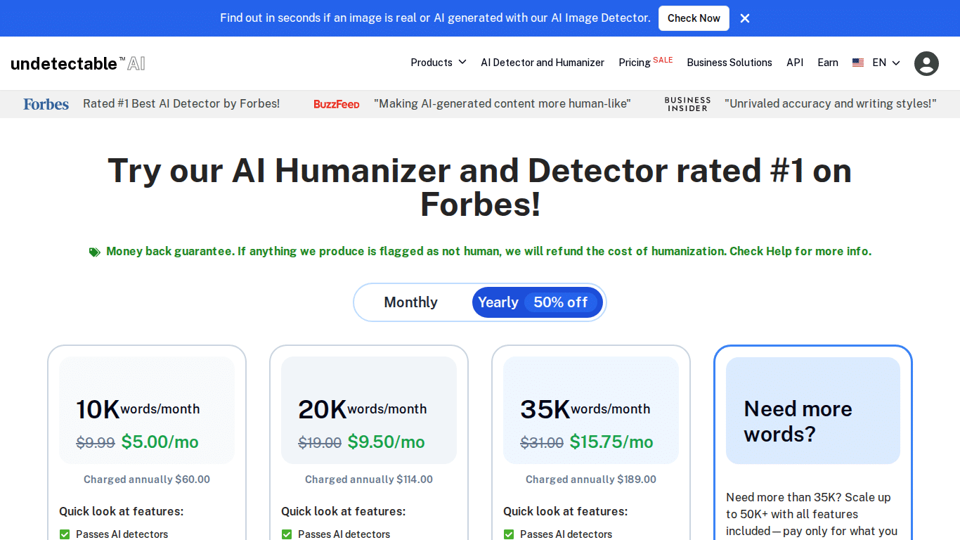 Undetectable AI pricing plans 2026 — 10K words $9.99/mo, 20K words $19/mo, 35K words $31/mo