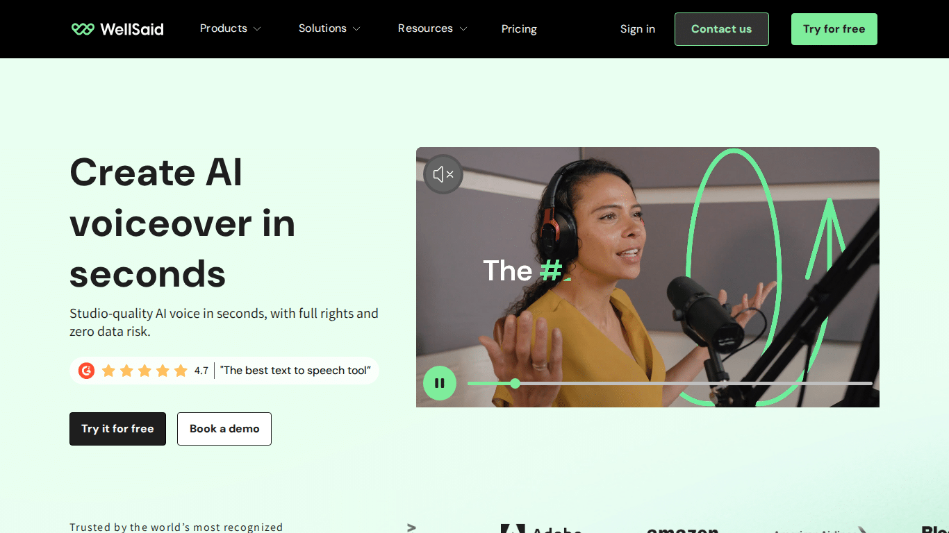 WellSaid Labs homepage — AI text to speech voice avatars for creators and enterprise